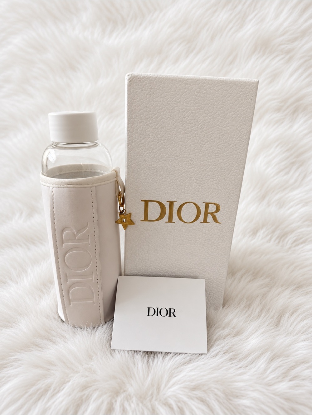 GWP DIOR White Leather-Trimmed Glass Bottle with Charm